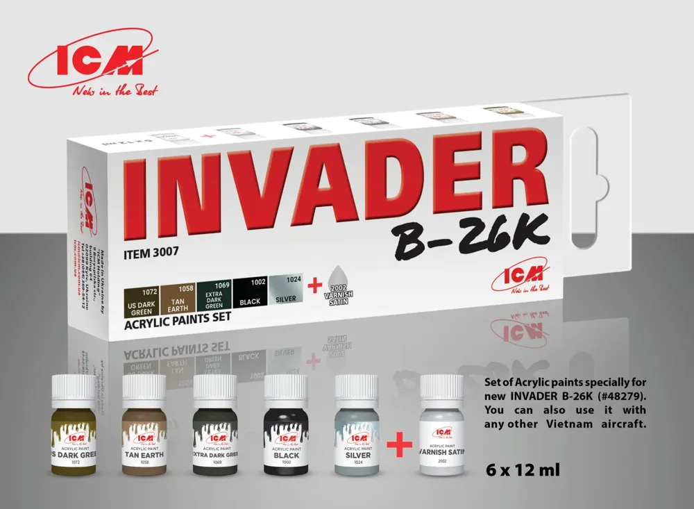 Sada akrylových barev ICM 3007 pro B-26K Invader, šest lahviček po 12 ml