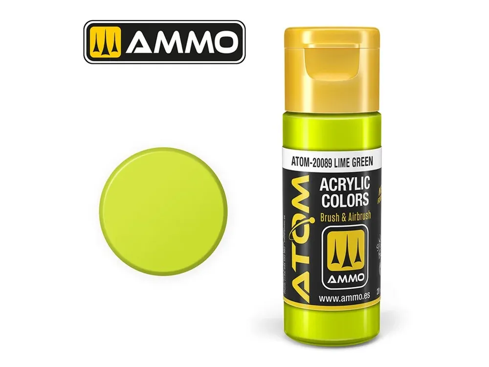 Lahvička akrylové barvy AMMO Mig ATOM COLOR 20089 limetkově zelená Lime Green 20 ml