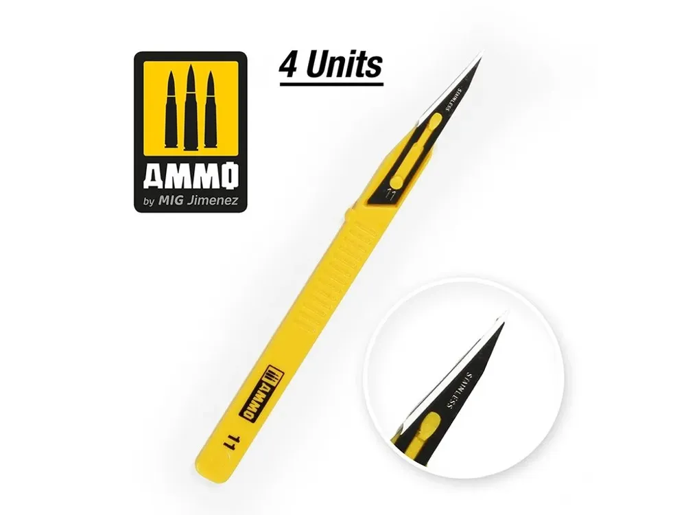 Balení čtyř přímých modelářských mini čepelí AMMO Mig 8688 Mini Blade Straight