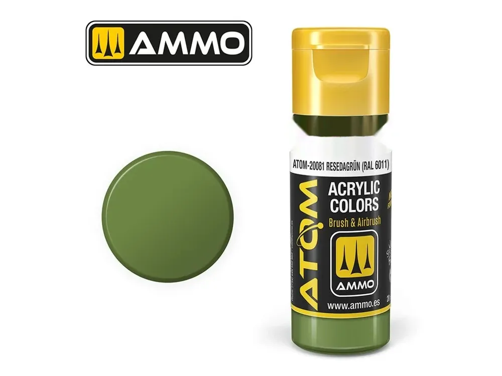 Lahvička akrylové barvy AMMO Mig ATOM COLOR rezedová zelená RAL 6011, 20 ml