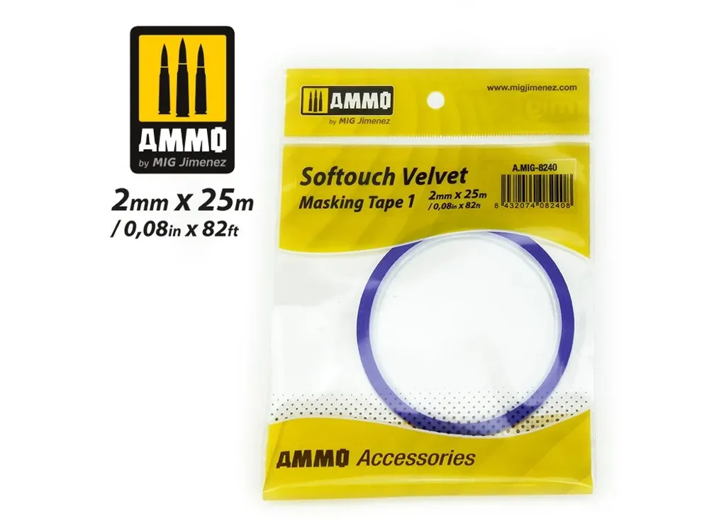 Role maskovací pásky AMMO Mig 8240 Softouch Velvet Masking Tape #1, 2 mm × 25 m