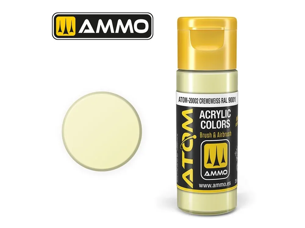 Lahvička akrylové barvy AMMO Mig ATOM COLOR 20002 krémově bílá RAL 9001, 20 ml
