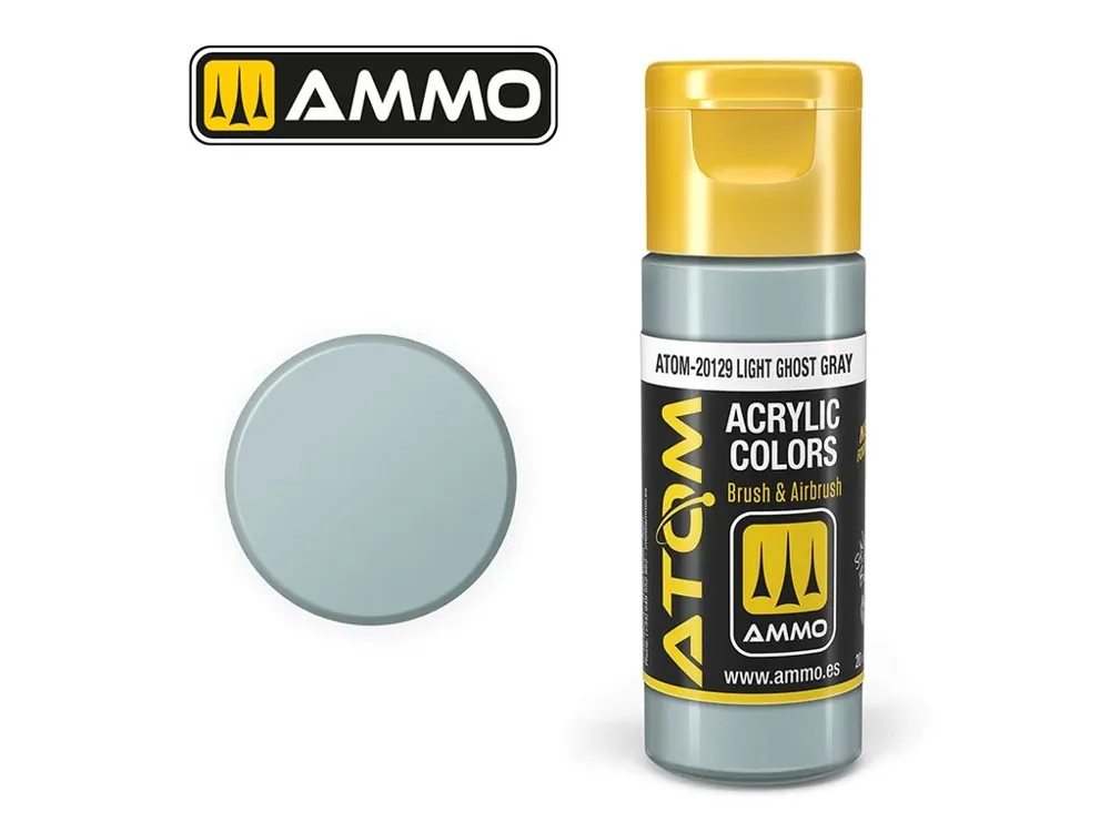 Lahvička akrylové barvy AMMO Mig ATOM COLOR 20129 světle šedá Light Ghost Gray 20 ml
