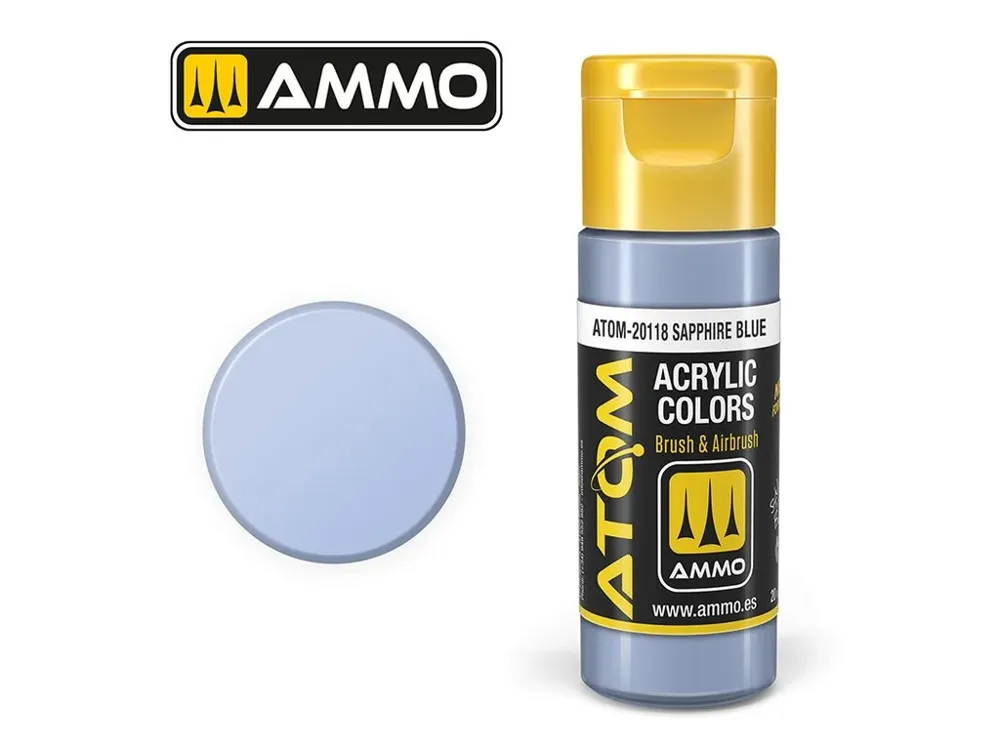 Lahvička akrylové barvy AMMO Mig ATOM Color 20118 safírová modrá 20 ml