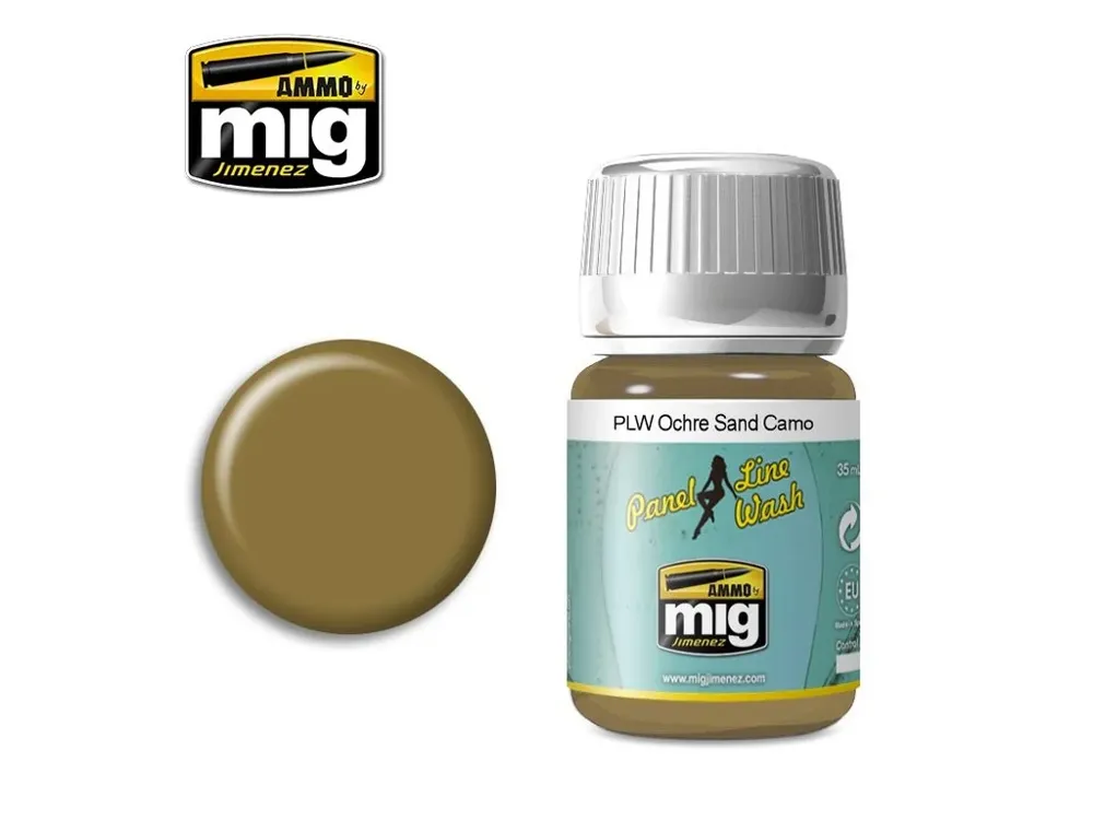 Lahvička enamelového washe AMMO Mig A.MIG-1622 PLW Ochre for Sand Camo Panel Line Wash 35 ml
