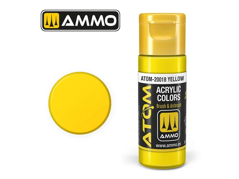Lahvička akrylové barvy AMMO Mig ATOM Color 20018 žlutá 20 ml