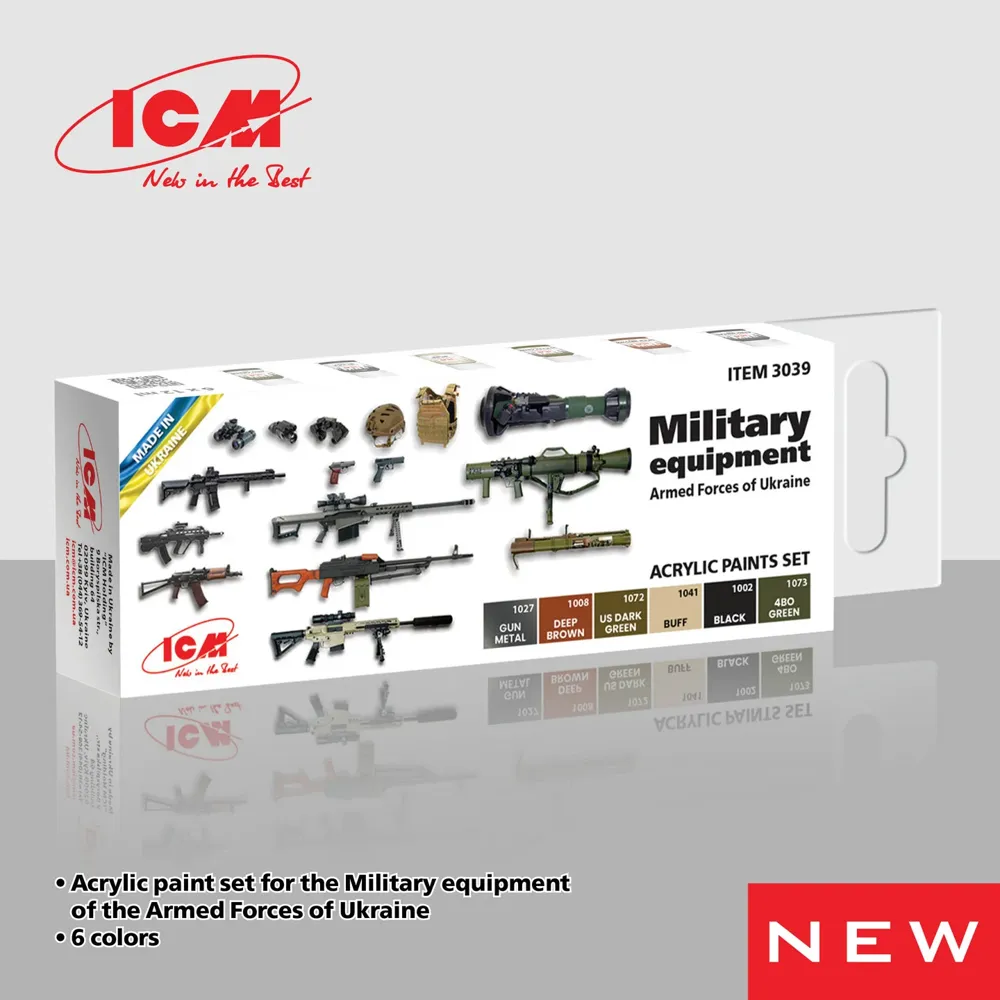 Sada akrylových barev ICM 3039 Military equipment of the Armed Forces of Ukraine, 6 lahviček po 12 ml
