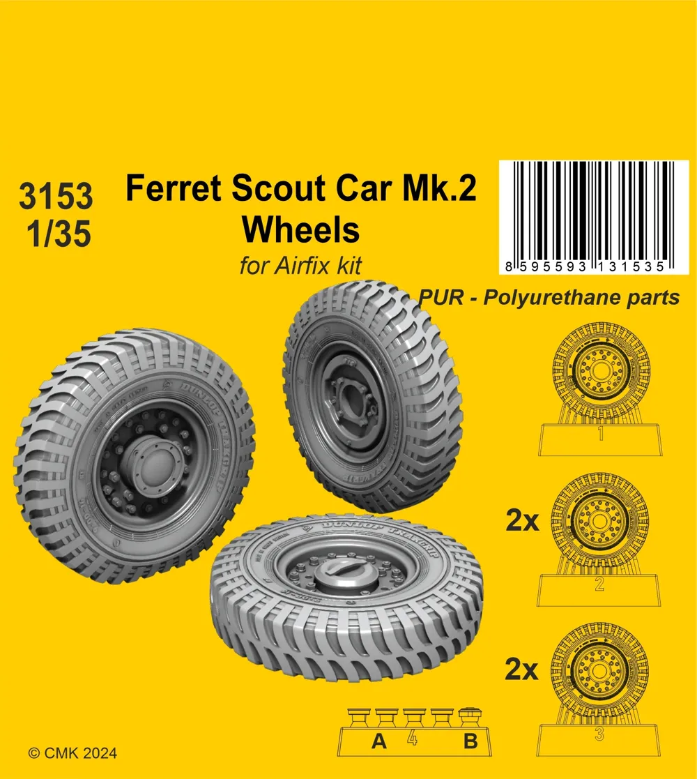 Resinová kola CMK 3153 pro Ferret Scout Car Mk.2 v měřítku 1/35 pro stavebnice Airfix