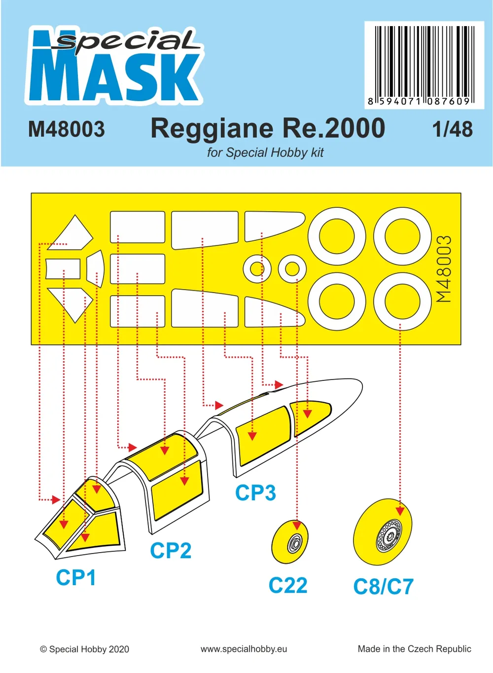 Maskovací sada Special Hobby M48003 pro Reggiane Re 2000 v měřítku 1/48 s obtiskem přístrojové desky