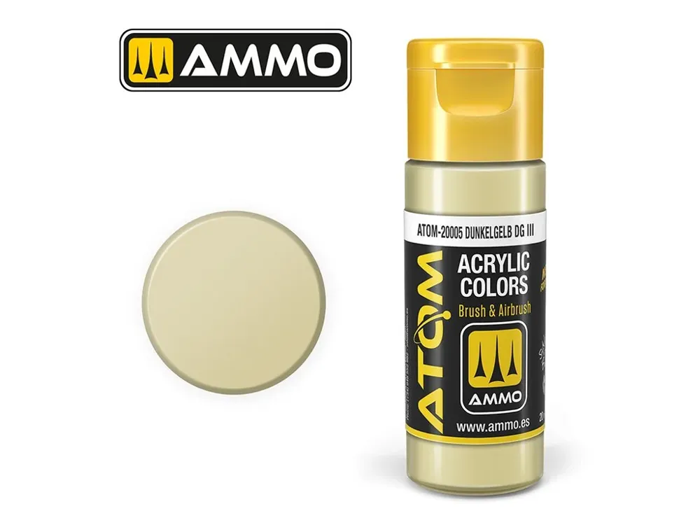 Lahvička akrylové barvy AMMO Mig ATOM COLOR 20005 tmavě žlutá Dunkelgelb DG III, 20 ml