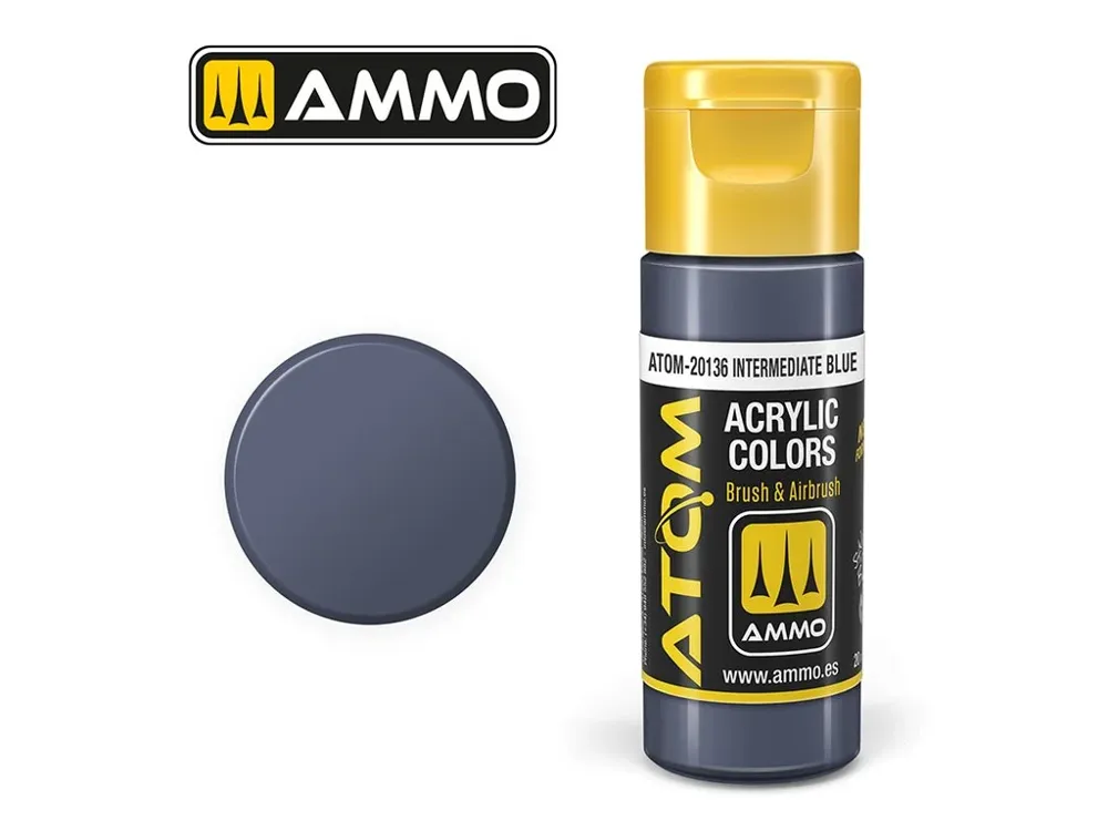 Lahvička akrylové barvy AMMO Mig ATOM Color 20136 středně modrá Intermediate Blue 20 ml