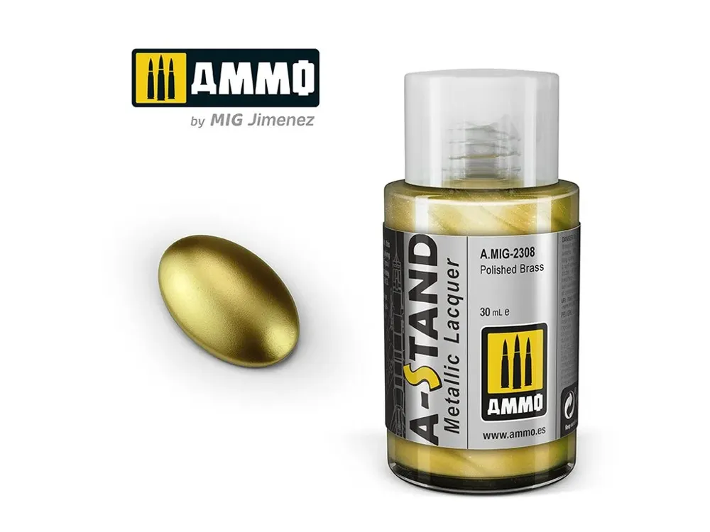 Lahvička lakové barvy AMMO Mig A-STAND A.MIG-2308 leštěná mosaz (Polished Brass) 30 ml