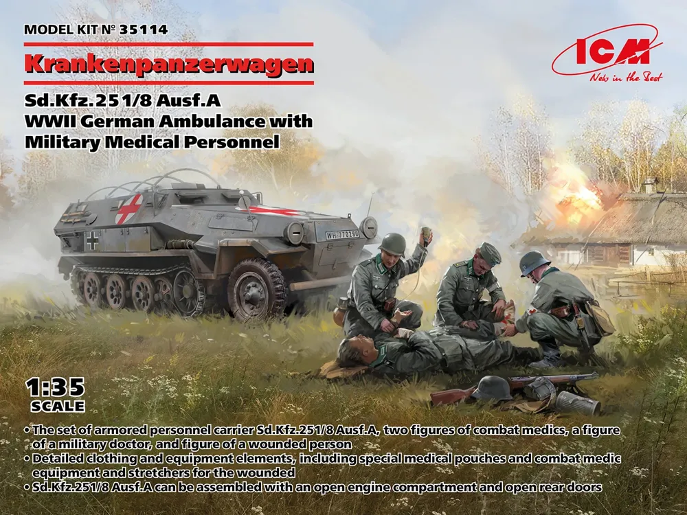 Krabice stavebnice ICM 35114 Sd.Kfz.251/8 Ausf.A Krankenpanzerwagen v měřítku 1/35