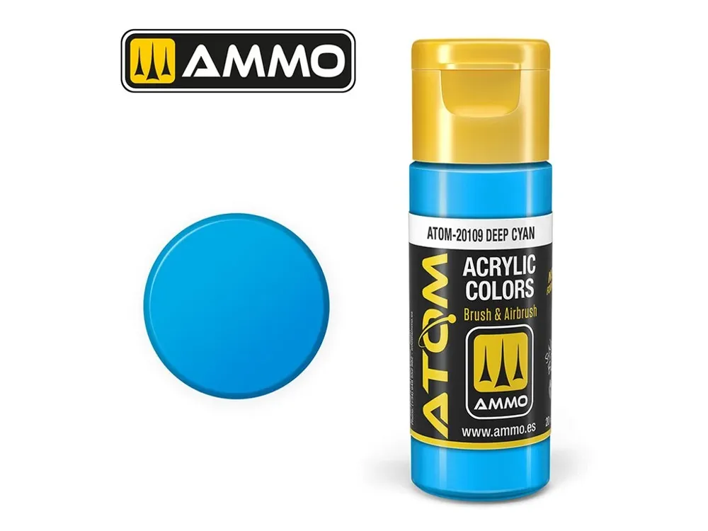 Lahvička akrylové barvy AMMO Mig ATOM COLOR 20109 Deep Cyan 20 ml