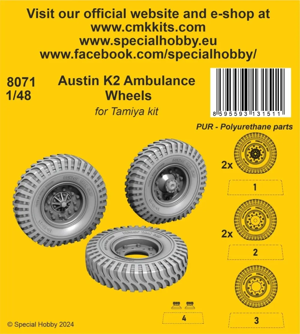 Resinová kola CMK 8071 pro Austin K2 Ambulance 1/48 se zatíženými pneumatikami