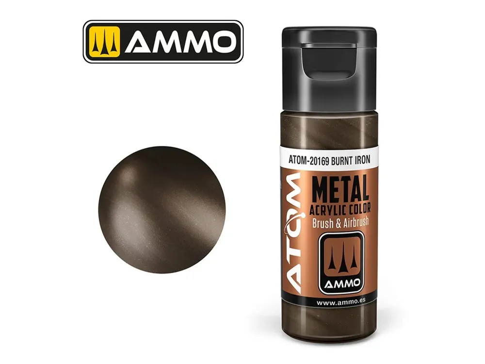 Lahvička akrylové barvy AMMO Mig ATOM Metallic ATOM-20169 spálené železo, 20 ml