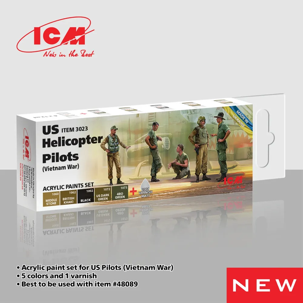Sada akrylových barev ICM 3023 US Helicopter Pilots (Vietnam War), 6 lahviček po 12 ml