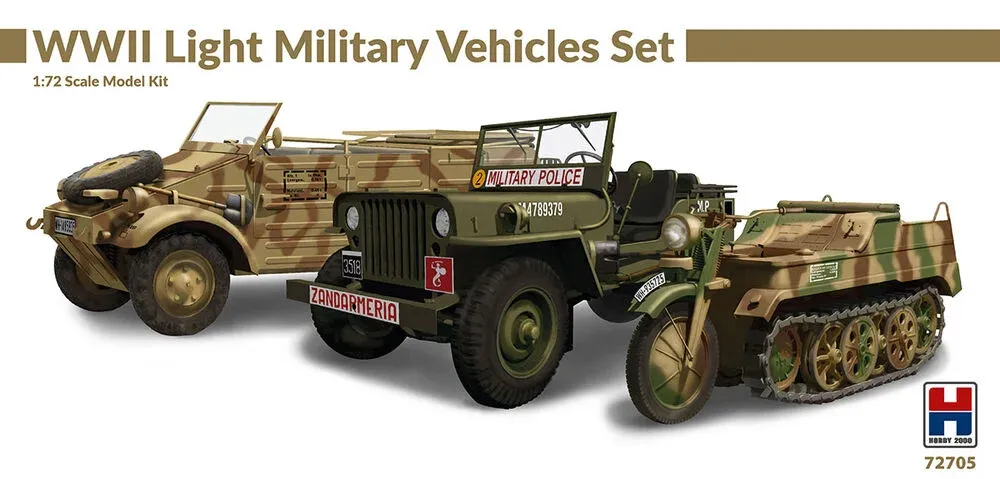 Krabice stavebnice Hobby 2000 H2K72705 sada lehkých vojenských vozidel 2. světové války 1/72