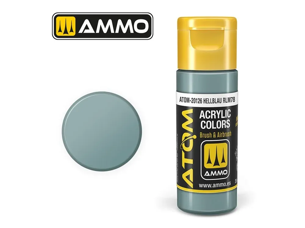 Lahvička akrylové barvy AMMO Mig ATOM Color ATOM-20126 světle modrá RLM78, 20 ml