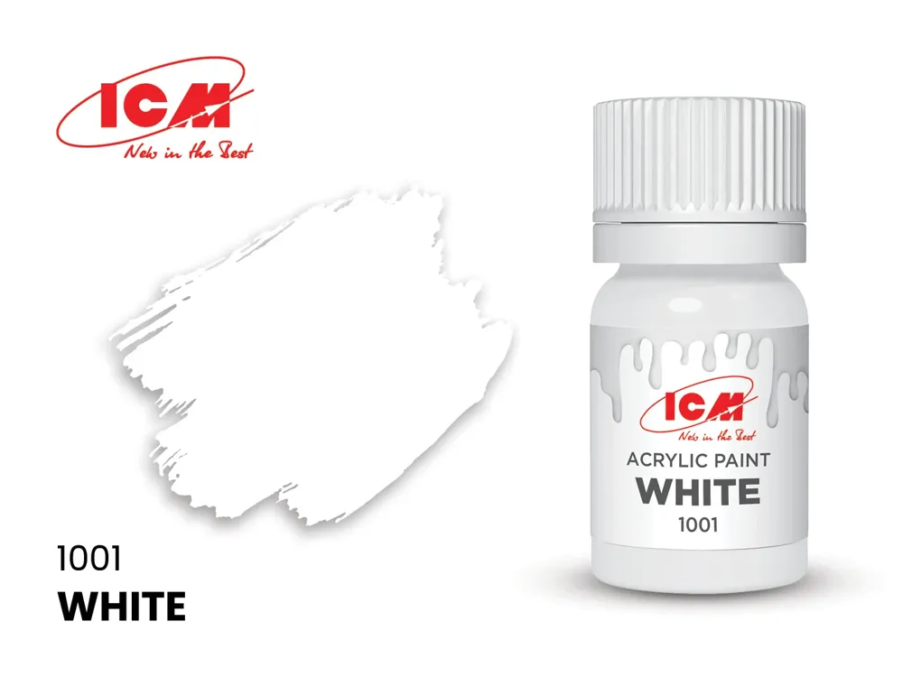 Lahvička akrylové barvy ICM Acrylic 1001 bílá (White) o obsahu 12 ml