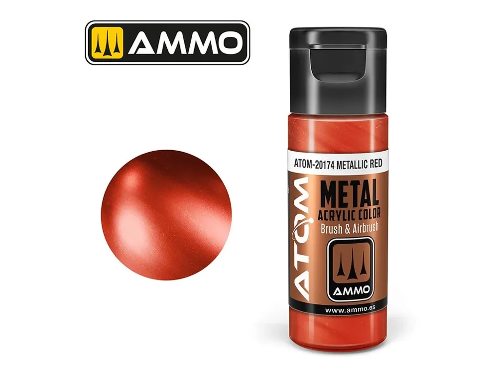 Lahvička akrylové barvy AMMO Mig ATOM ATOM-20174 metalická červená 20 ml