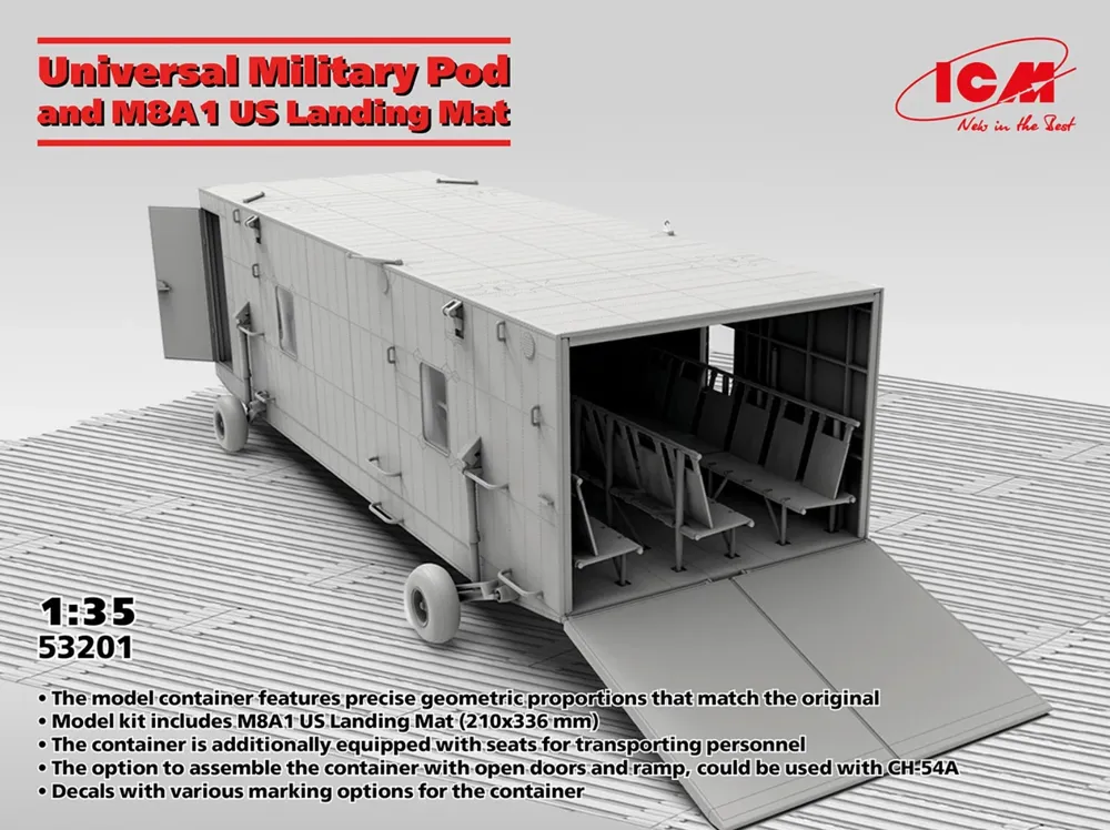 Krabice stavebnice ICM 53201 Universal Military Pod s přistávací rohoží M8A1 v měřítku 1/35