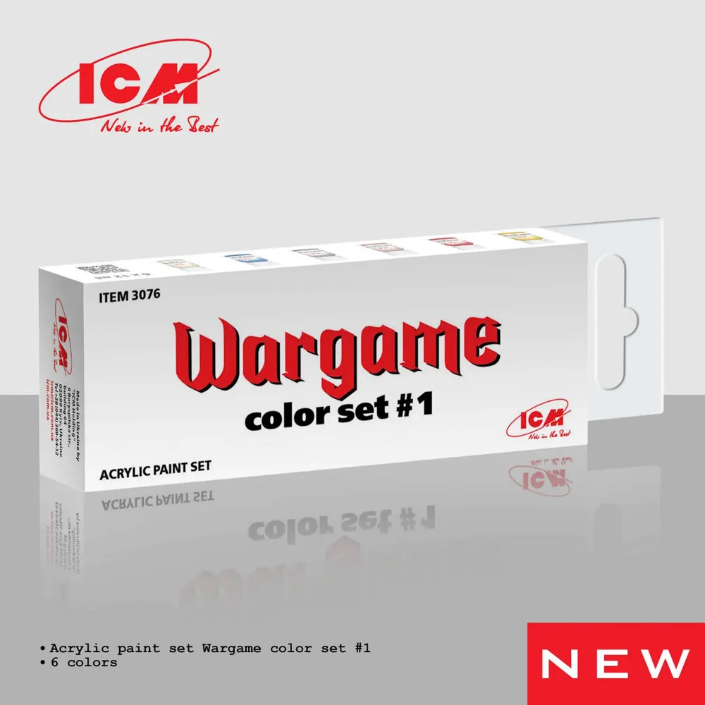 Sada akrylových barev ICM 3076 Wargame Color Set 1 v papírové krabičce s lahvičkami