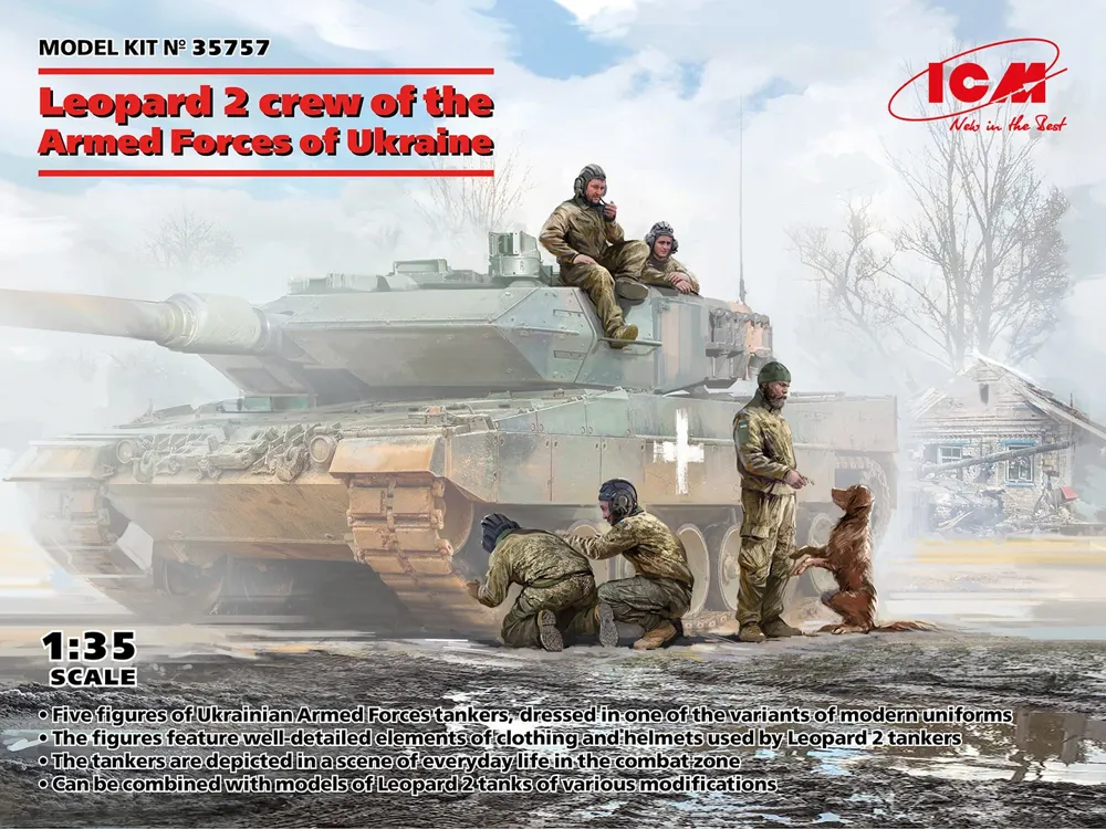 Krabice stavebnice figurek ICM 35757 osádka tanku Leopard Ozbrojených sil Ukrajiny v měřítku 1/35