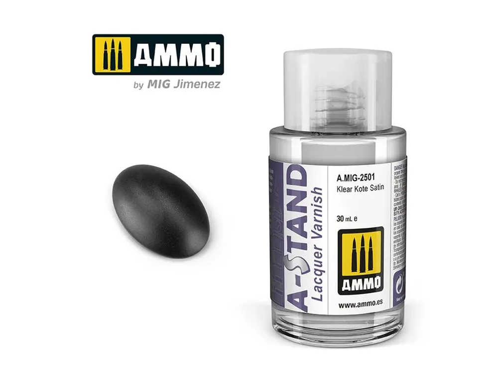 Lahvička čirého saténového laku AMMO Mig A-STAND Klear Kote A.MIG-2501, 30 ml