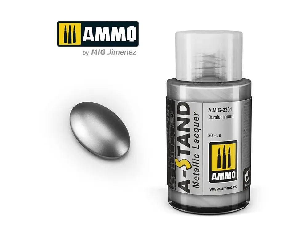 Lahvička metalické lakové barvy AMMO Mig A-STAND A.MIG-2301 dural (Duraluminium) 30 ml