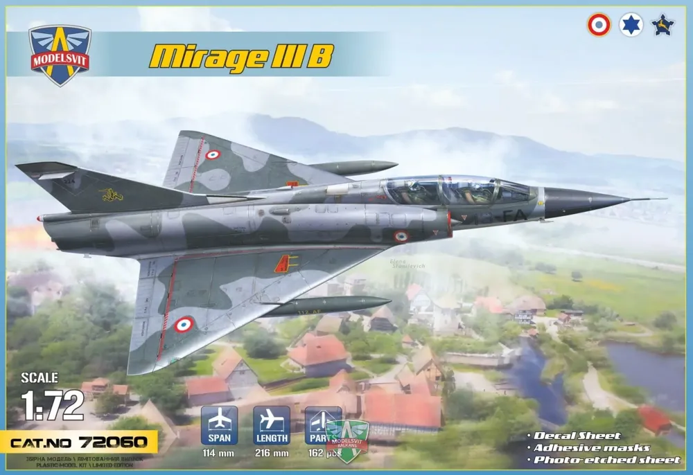 Krabice plastikové stavebnice ModelSvit 72060 Mirage IIIB v měřítku 1/72