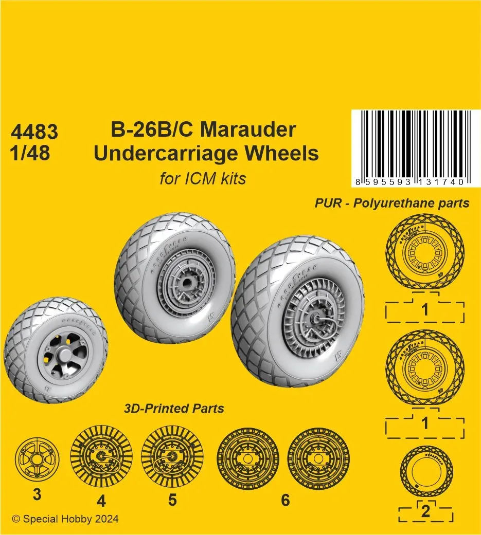 Resinová kola podvozku CMK 4483 pro B-26B/C Marauder v měřítku 1/48