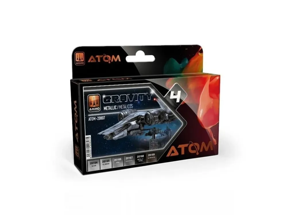 Sada akrylových barev AMMO Mig ATOM Gravity Set 5 – šest lahviček šedých odstínů po 20 ml