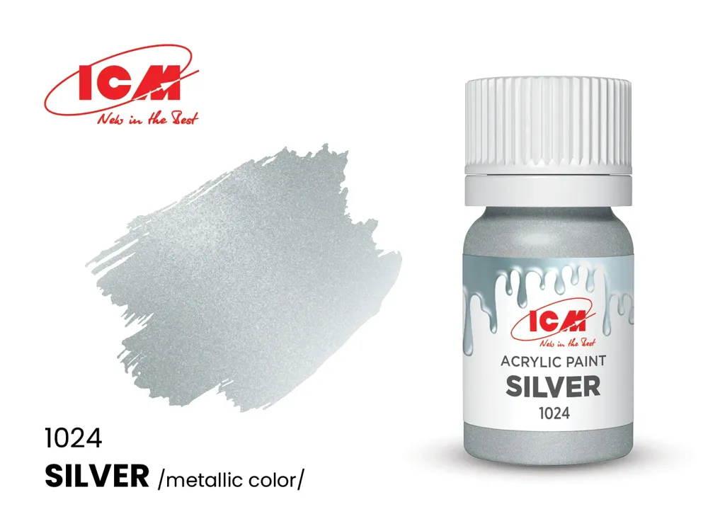 Lahvička akrylové barvy ICM Acrylic 1024 stříbrná (Silver) 12 ml