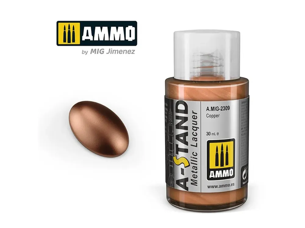 Lahvička lakové metalické barvy AMMO Mig A-STAND A.MIG-2309 měděná Copper 30 ml