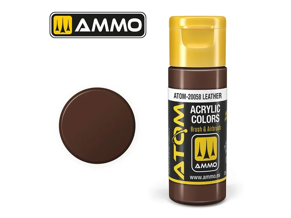 Lahvička akrylové barvy AMMO Mig ATOM COLOR 20058 kožená hnědá Leather 20 ml