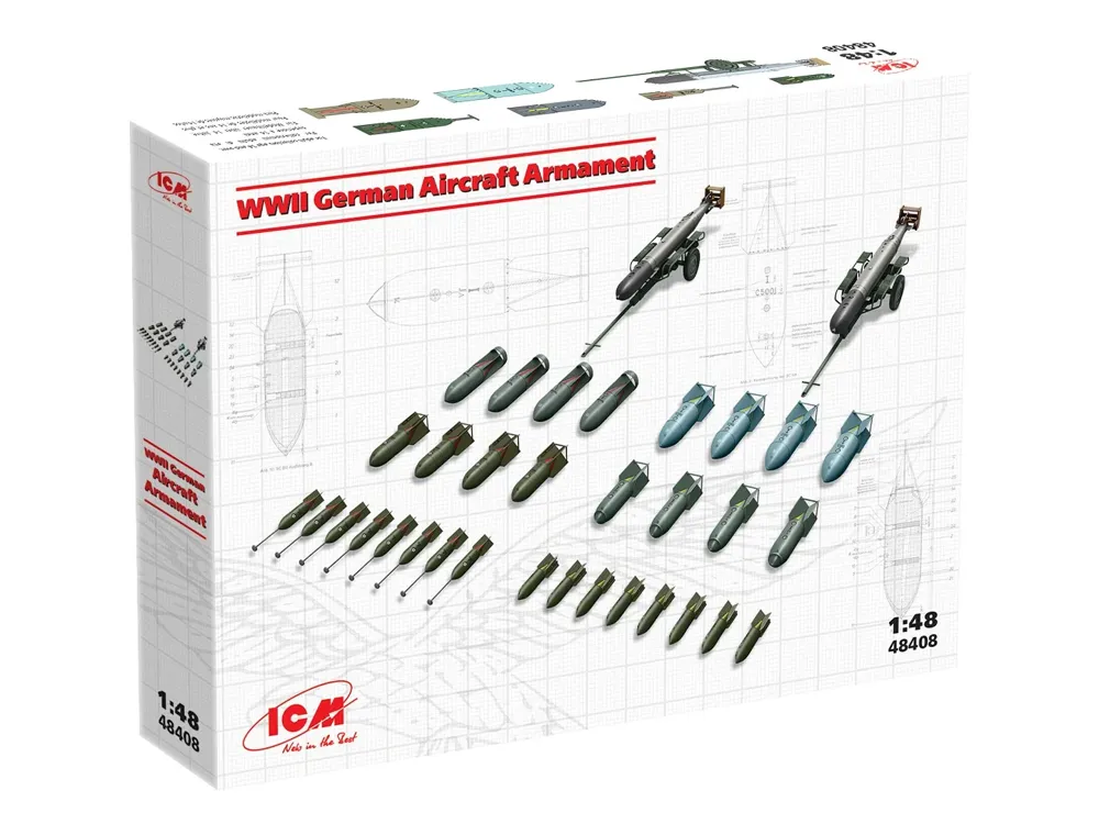 Plastiková stavebnice ICM 48408 výzbroj německých letadel 1/48 — bomby, nosiče a torpéda Luftwaffe