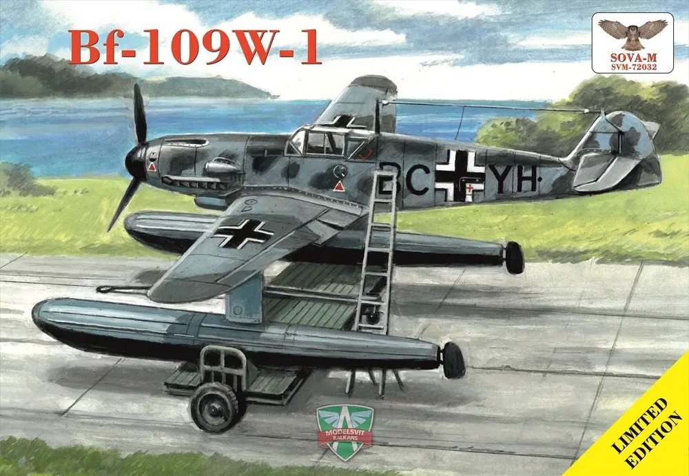 Krabice plastikové stavebnice Sova-M SVM-72032 Messerschmitt Bf.109W-1 s plážovým vozíkem v měřítku 1/72