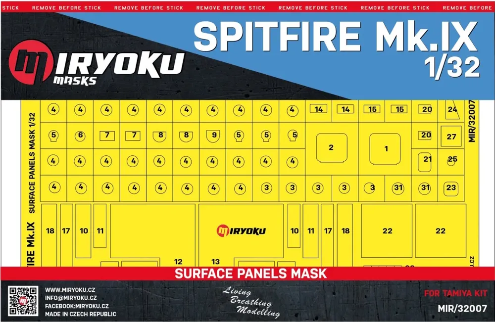Masky Miryoku MIR-32007 povrchových panelů pro Spitfire Mk.IX v měřítku 1/32