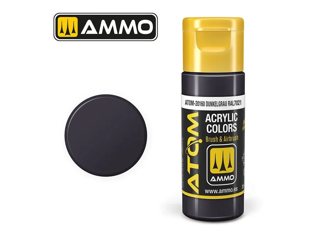 Lahvička akrylové barvy AMMO Mig ATOM 20160 tmavě šedá Dunkelgrau RAL 7021, 20 ml