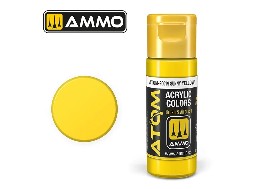 Lahvička akrylové barvy AMMO Mig ATOM Color 20019 slunečně žlutá Sunny Yellow 20 ml