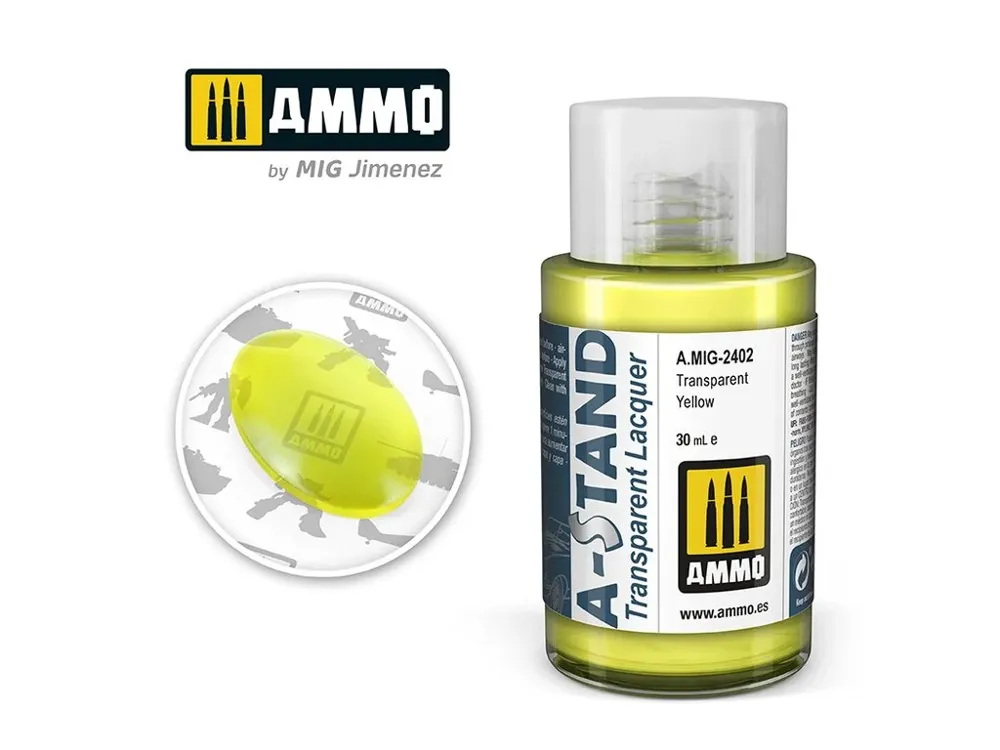 Lahvička lakové barvy AMMO Mig A-STAND A.MIG-2402 transparentní žlutá 30 ml