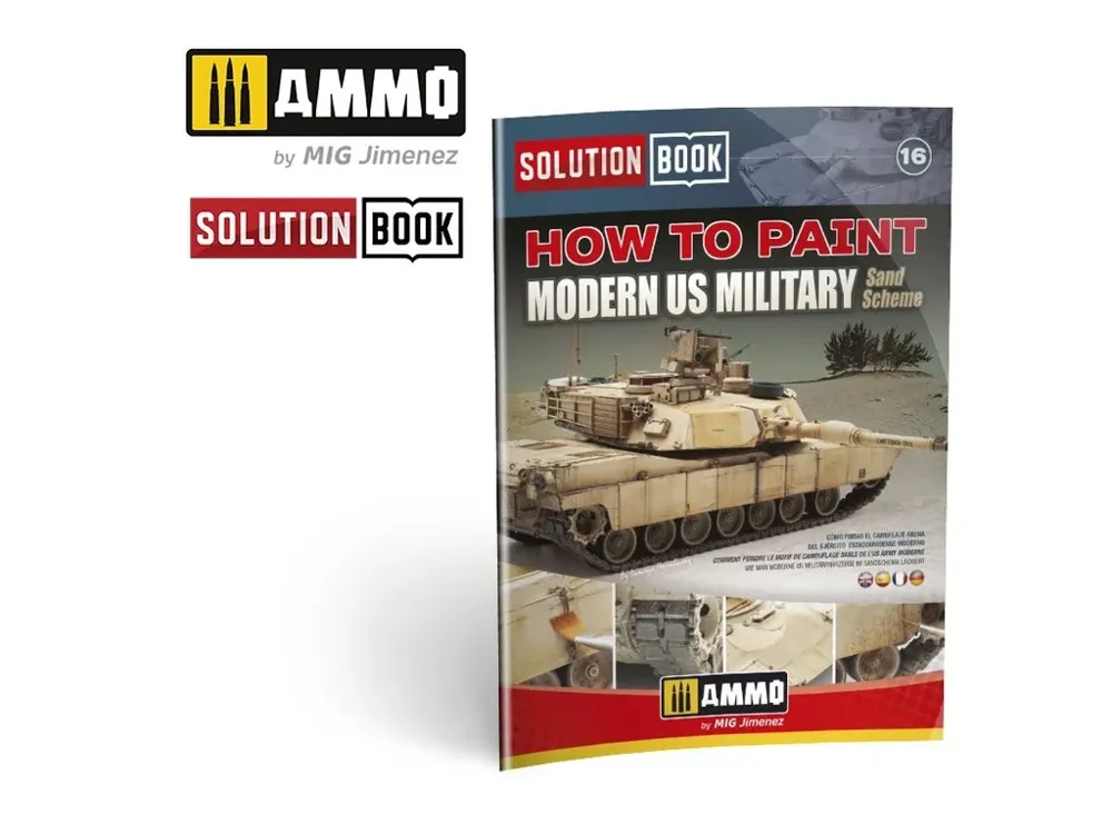 Obálka publikace AMMO Mig A.MIG-6512 Solution Book o malování pouštní kamufláže americké techniky