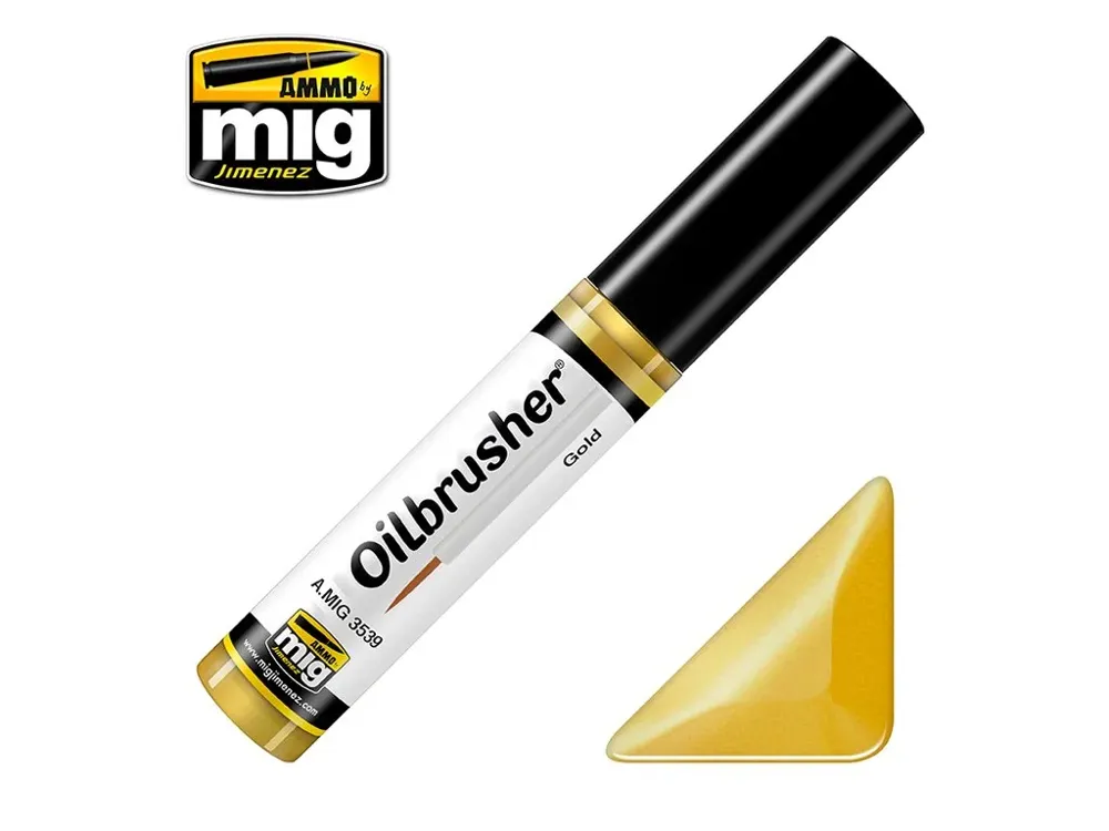 Lahvička olejové barvy AMMO Mig Oilbrusher A.MIG-3539 zlatá (Gold) 10 ml s aplikátorem