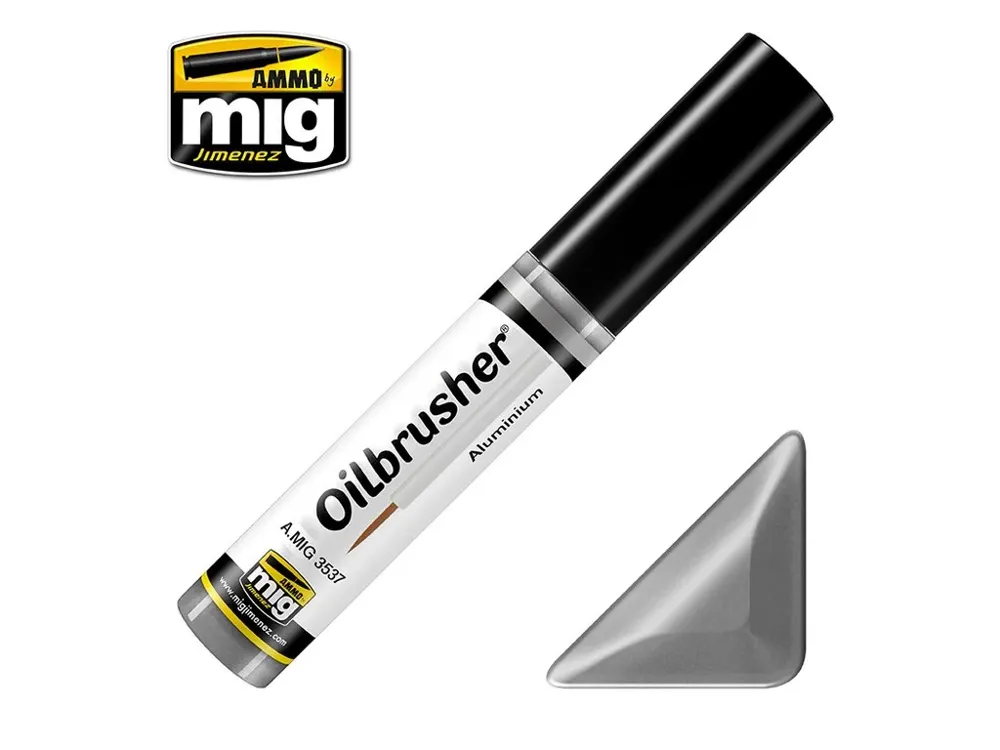 Lahvička olejové barvy AMMO Mig Oilbrusher A.MIG-3537 hliníková (Aluminium) 10 ml s aplikátorem