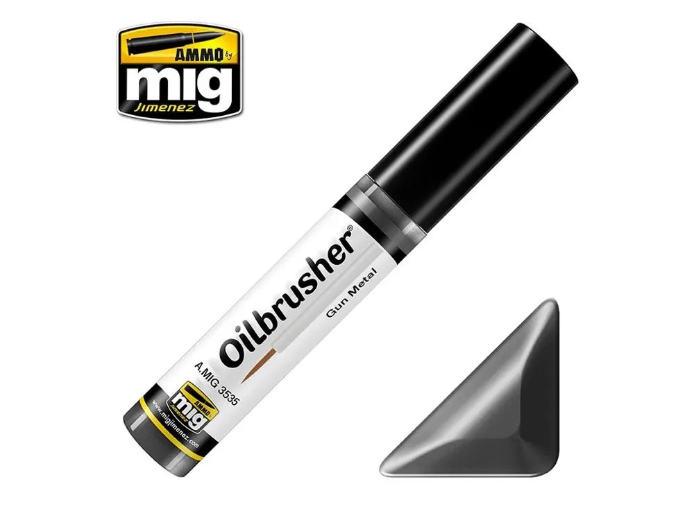Lahvička olejové barvy AMMO Mig Oilbrusher A.MIG-3535 kovově šedá (Gun Metal) 10 ml