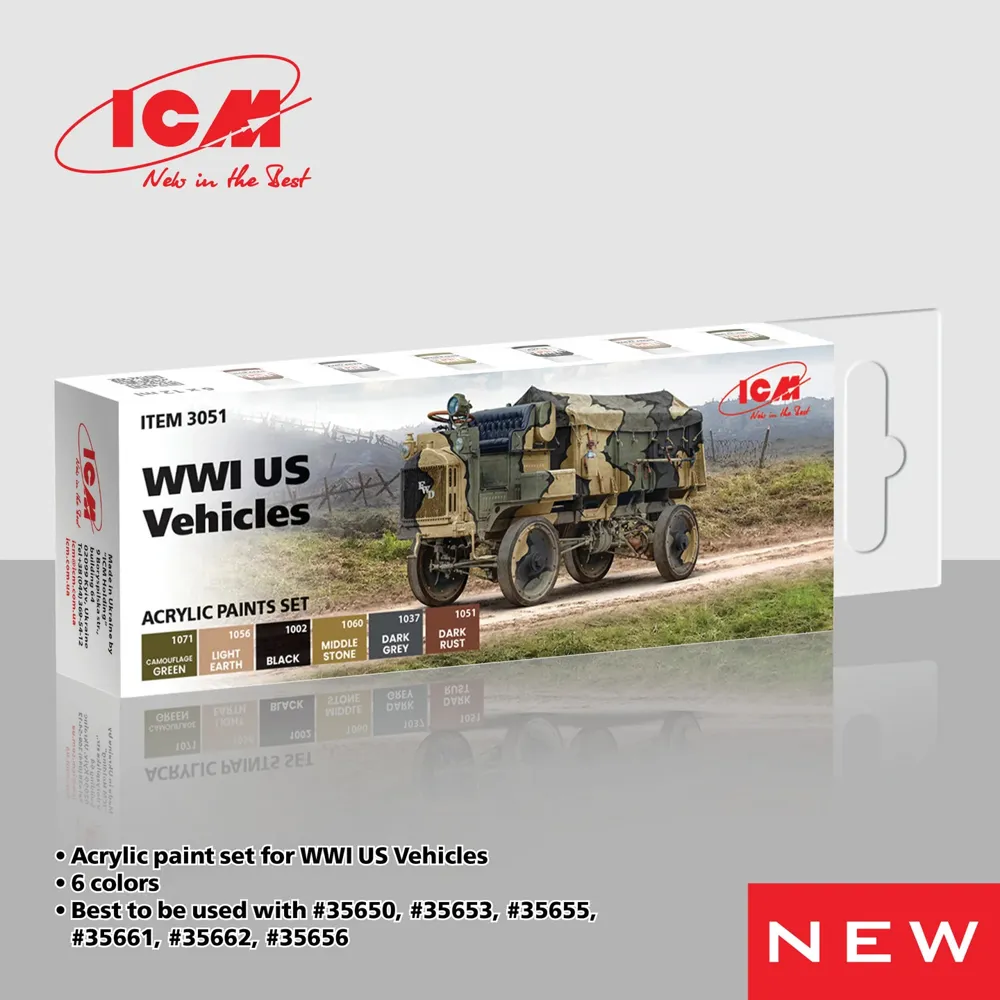 Sada akrylových barev ICM 3051 pro americká vojenská vozidla WWI, 6 lahviček po 12 ml