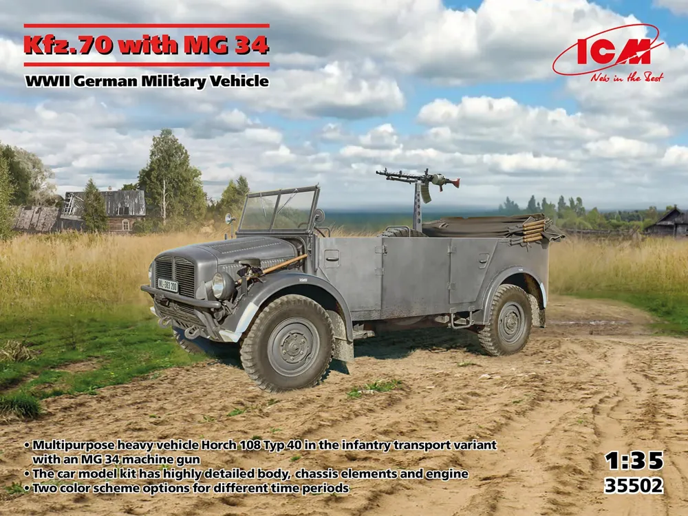 Plastiková stavebnice ICM 35502 Kfz.70 s kulometem MG 34 v měřítku 1/35