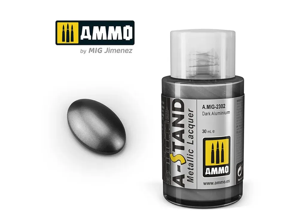 Lahvička lakové barvy AMMO Mig A-STAND A.MIG-2302 tmavý hliník (Dark Aluminium) 30 ml