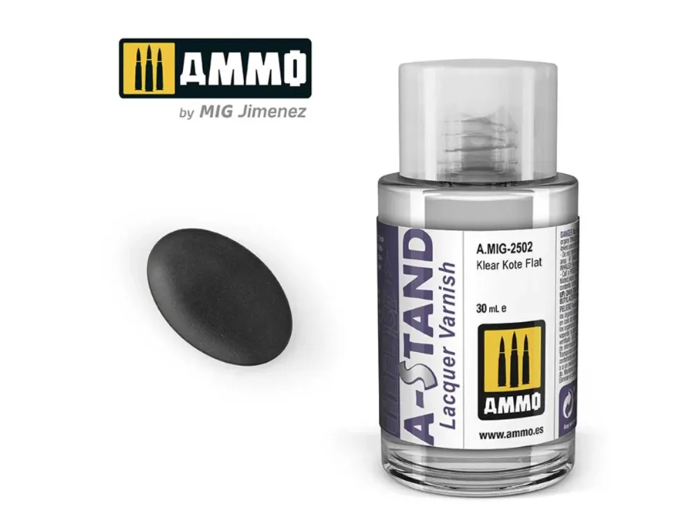 Lahvička čirého matného laku AMMO Mig A-STAND Klear Kote Flat A.MIG-2502, 30 ml